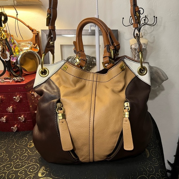 orYANY Handbags - OrYany Tri Color Tan, Brown, & White Hobo Crossbody Bag